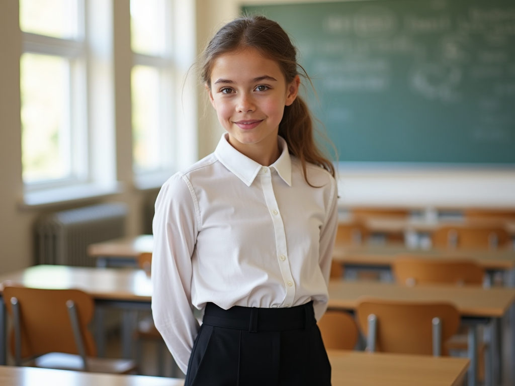 Fetiță zâmbitoare în clasă, cu uniformă școlară, în fața tablei verzi cu scriere.