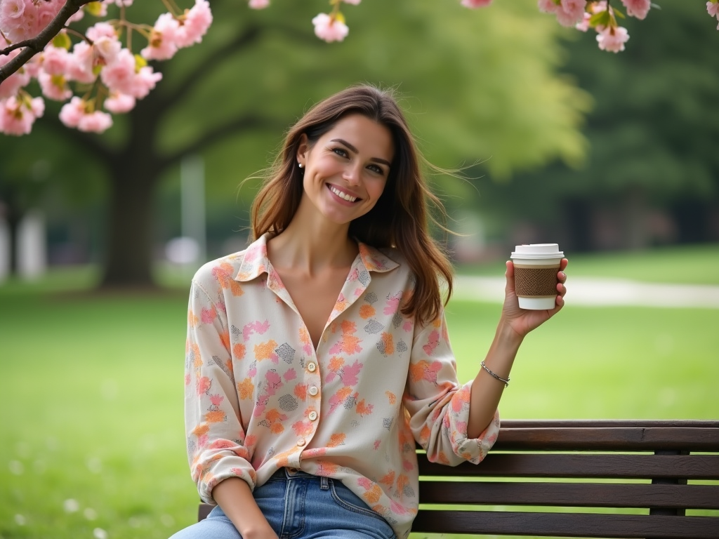 Femeie zâmbitoare cu o ceașcă de cafea, pe o bancă, sub flori de cireș roz.