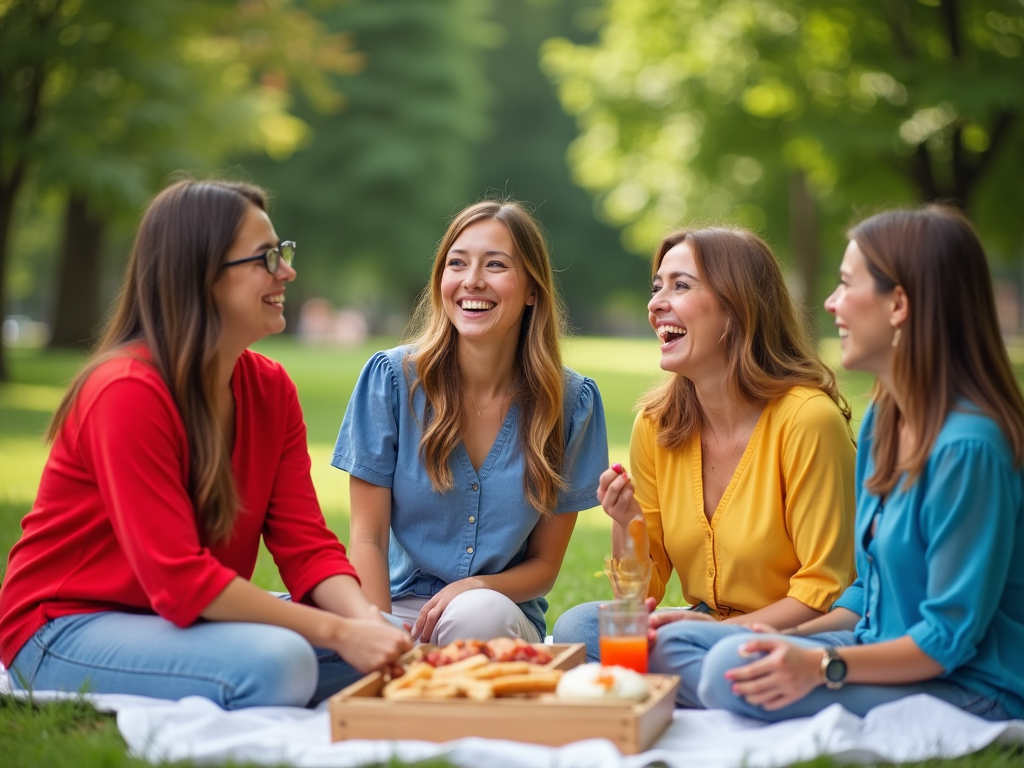 Patru femei zâmbind și conversând în parc, pe o pătură, cu o cutie de pizza între ele.