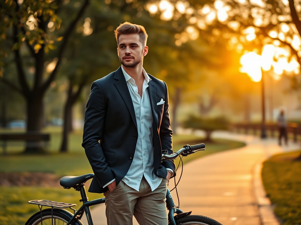 Un bărbat elegant stă lângă o bicicletă, admirând apusul într-un parc. Soarele strălucește în fundal.