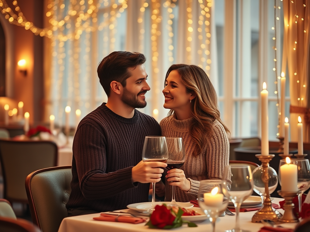 Un cuplu fericit toastând cu pahare de vin într-un restaurant romantic, înconjurat de lumini calde.