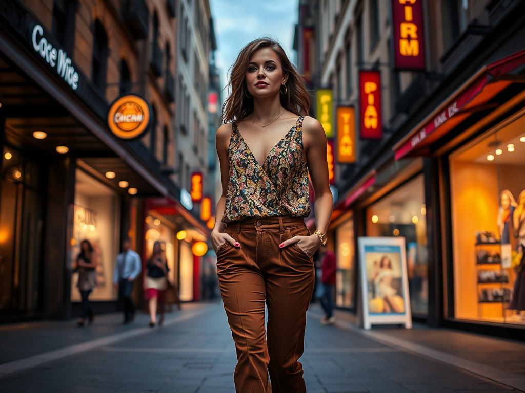 O femeie îmbrăcată elegant merge pe o stradă comercială, înconjurată de magazine și lumini strălucitoare.