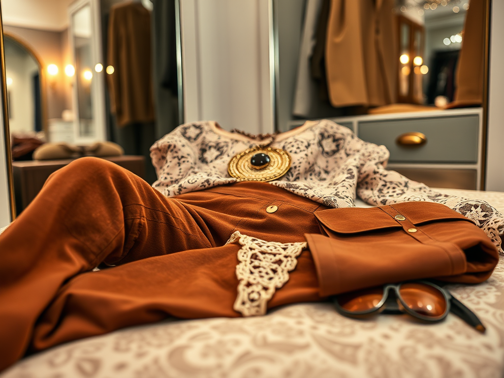 O ținută elegantă, formată din pantaloni și bluză cu detalii boho, așezată pe un pat. Ochelari de soare în prim-plan.